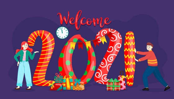 正在装扮2021新年的人们矢量素材(EPS)