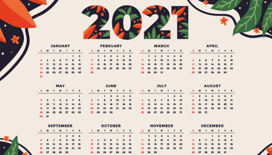 漂亮花卉设计2021年日历矢量素材(AI/EPS)