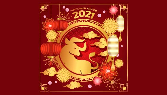 金牛和灯笼设计2021春节快乐矢量素材(EPS)