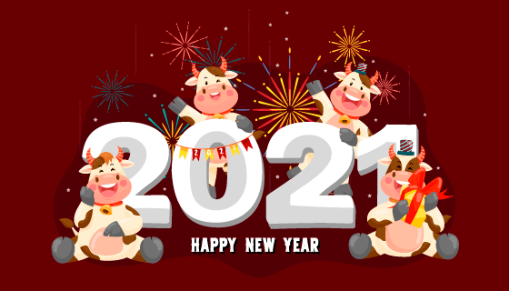 四头开心的牛2021新年快乐矢量素材(EPS)