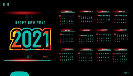 多彩点缀的深色2021年日历矢量素材(EPS)