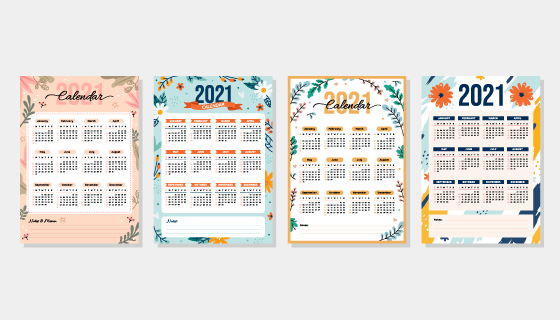 四款花卉设计2021年日历矢量素材(EPS)