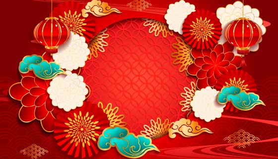 灯笼和花朵设计新年快乐背景矢量素材(EPS)