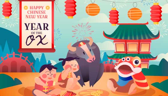 多彩喜庆的牛年春节快乐矢量素材(AI/EPS)