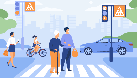 年轻人扶老奶奶过人行道插画矢量素材(EPS)