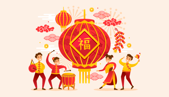 开心庆祝春节的人们矢量素材(EPS)