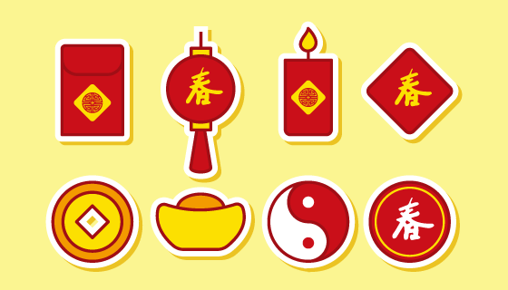 八个扁平的春节元素图标矢量素材(EPS/SVG)