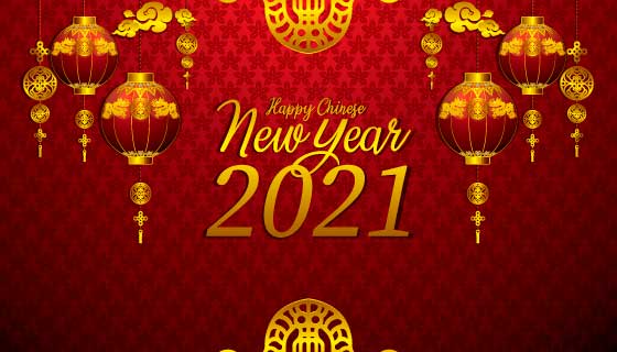 金色红色灯笼设计2021春节快乐矢量素材(EPS)