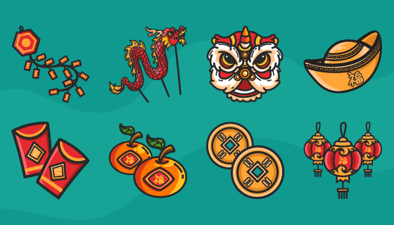 八个春节元素矢量素材(EPS/PNG)