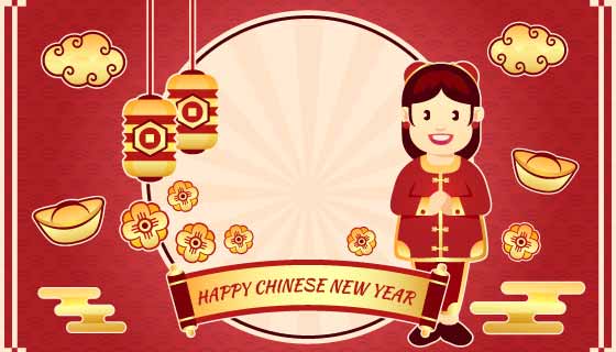 小女孩拜年设计春节快乐矢量素材(EPS)