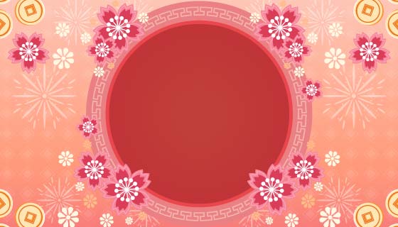 花朵金币烟花设计春节快乐背景矢量素材(EPS)