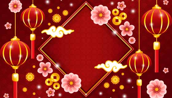 灯笼和梅花设计春节背景矢量素材(EPS)