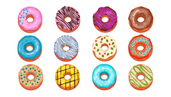 十二种不同款式的美味甜甜圈矢量素材(EPS/PNG)