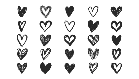 手绘黑白爱心集合矢量素材(AI/EPS/PNG)