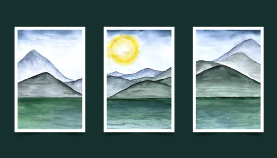 水彩风格山峰落日景色封面矢量素材(AI/EPS)