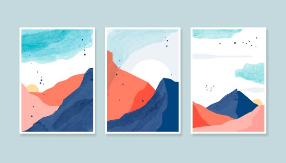 三幅落日和山脉封面矢量素材(AI/EPS)