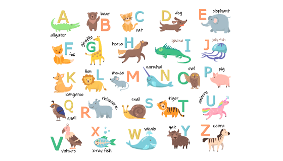 可爱的动物及其单词和开头字母矢量素材(EPS/PNG)
