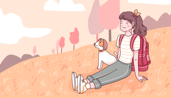 女孩和狗坐在山坡上矢量素材(EPS)