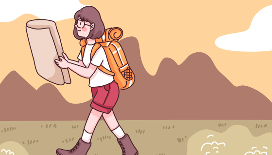 女子背着背包拿着地图徒步旅行矢量素材(EPS)