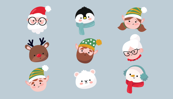 九个可爱的圣诞人物头像矢量素材(AI/EPS/PNG)