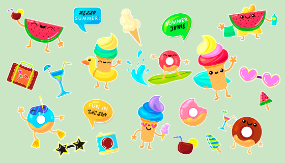 可爱的夏天元素贴纸矢量素材(EPS/PNG)