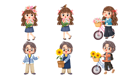 春天里捧着花骑着自行车的女孩矢量素材(EPS/PNG)