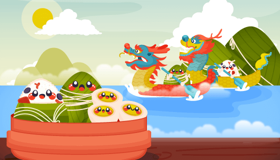 划龙舟的可爱粽子端午节矢量素材(AI/EPS)