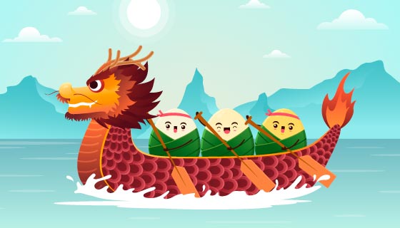 划龙舟的可爱粽子端午节矢量素材(AI/EPS)