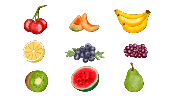 九种手绘水彩风格水果矢量素材(AI/EPS/PNG)