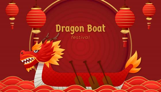 红色灯笼和龙舟端午节背景矢量素材(AI/EPS)