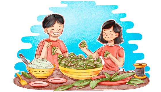 开心包粽子的人们矢量素材(AI/EPS)