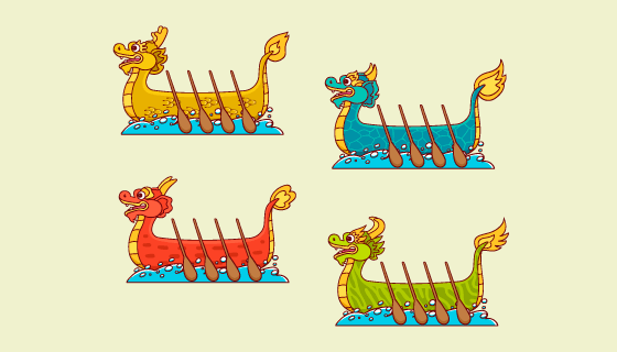 四种不同颜色的龙舟矢量素材(AI/EPS)