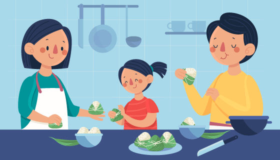 一家人开心包粽子插画矢量素材(AI/EPS)