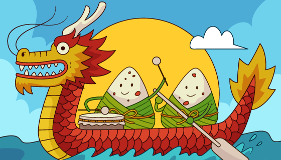 手绘可爱的龙舟和粽子端午节背景矢量素材(AI/EPS)