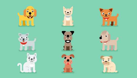 九个扁平风格的小猫小狗矢量素材(EPS/PNG)