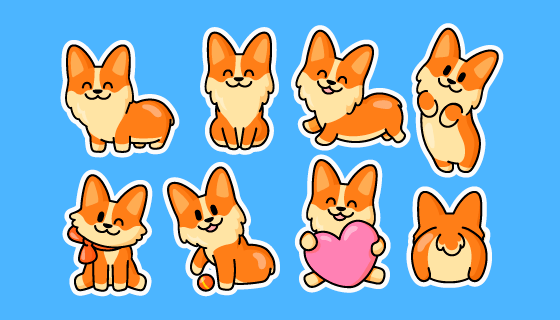 可爱的柯基小狗贴纸矢量素材(EPS/PNG)