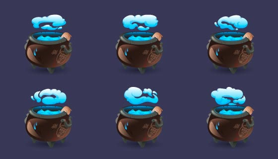 六个正在炼制魔法药水的大缸矢量素材(EPS)