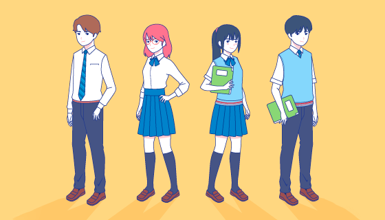 四位手绘风格的中学生矢量素材(AI/EPS/PNG)