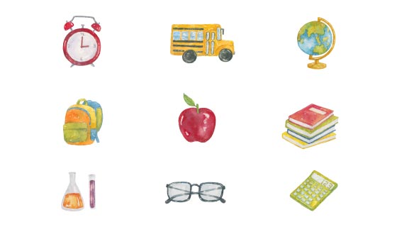 九个水彩风格的教育类图标矢量素材(EPS/PNG)