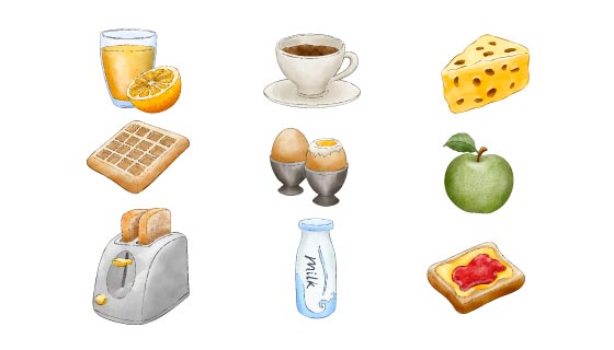 水彩风格的美味早餐矢量素材(AI/EPS/PNG)