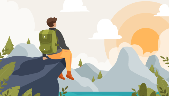 坐在悬崖边上看日出日落的登山者矢量素材(AI/EPS)