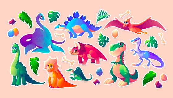 卡通风格的恐龙贴纸矢量素材(EPS/PNG)