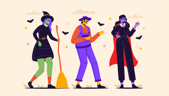 三位扁平风格的万圣节人物矢量素材(AI/EPS)