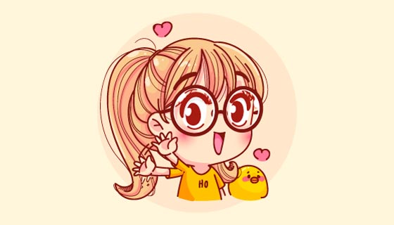 带着眼镜挥手的小女孩矢量素材(EPS)