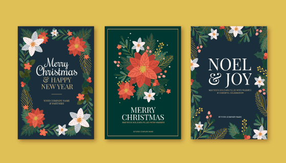三张花卉设计的圣诞节卡片矢量素材(AI/EPS)