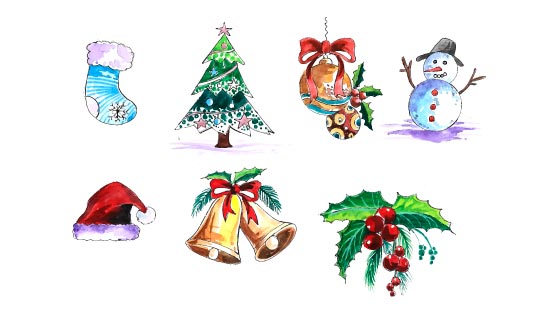 七个水彩风格的圣诞节装饰元素矢量素材(EPS)