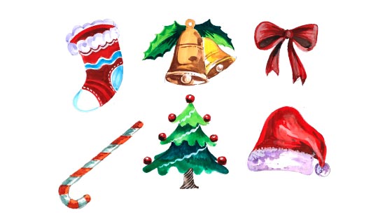 六个水彩风格的圣诞节装饰元素矢量素材(EPS)