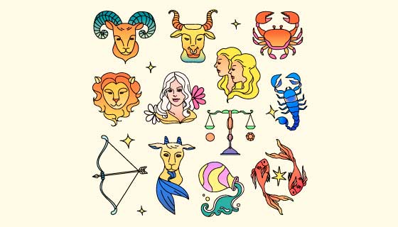 手绘风格的十二星座图案矢量素材(EPS)