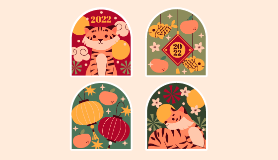 卡通风格2022年春节快乐贴纸矢量素材(AI/EPS/PNG)