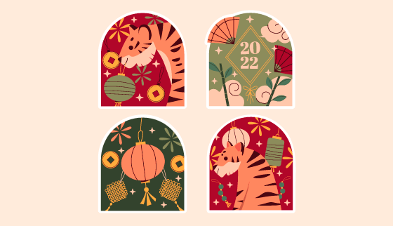 卡通风格2022年春节快乐贴纸矢量素材(AI/EPS/PNG)